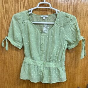 Elegant Light Green Blouse‎ with Polka Dots